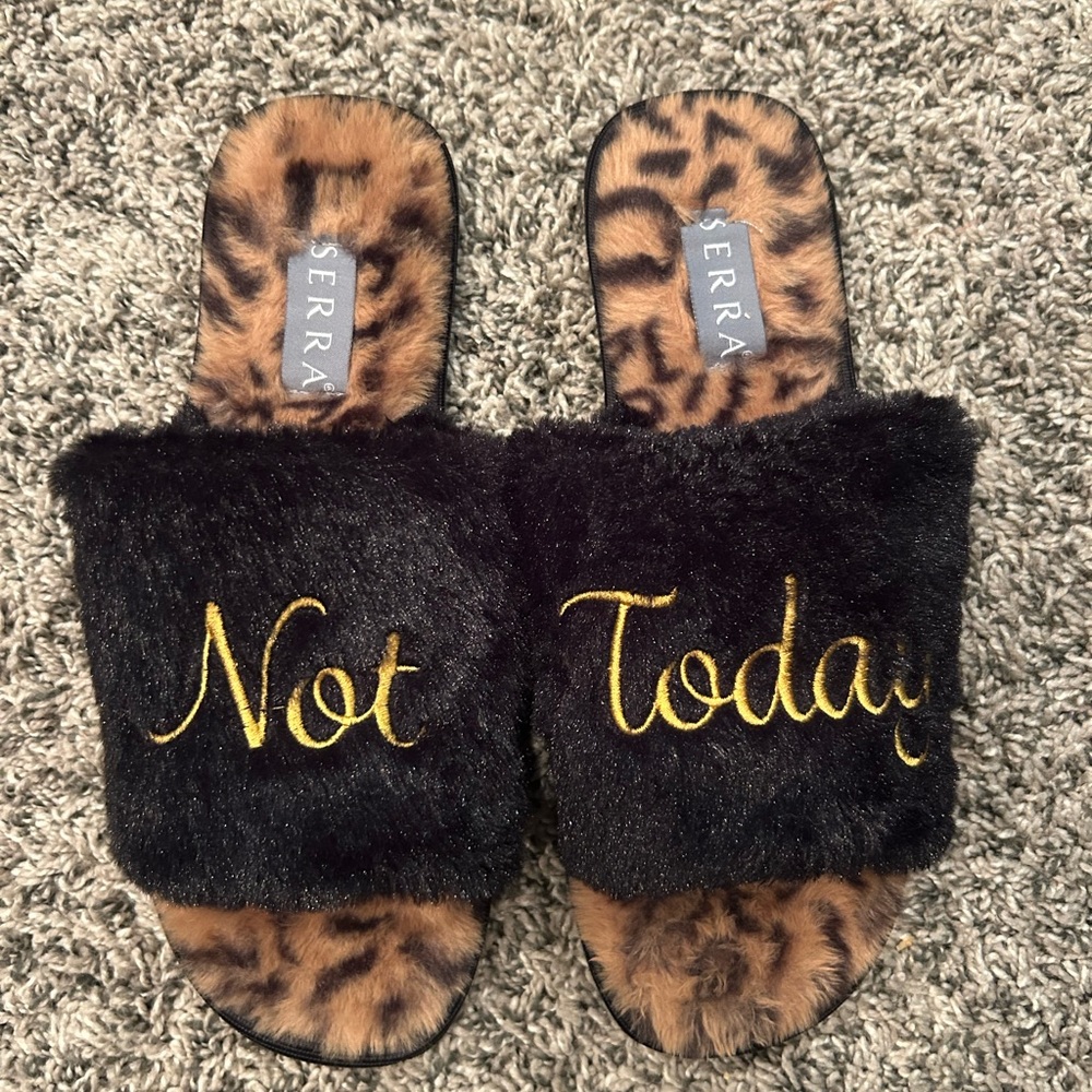 Serra Black Furry Slides with Gold Script “Not Today”